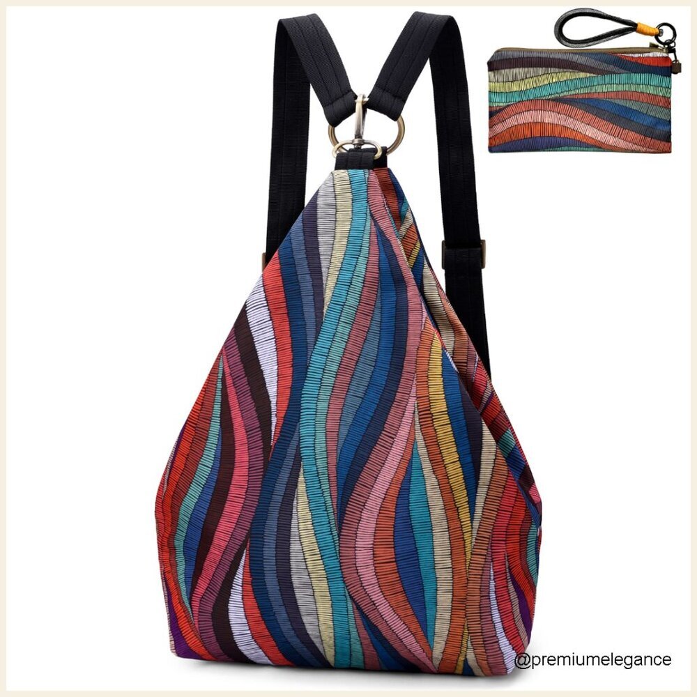 Small Bohemian Daypack Backpack, Polyester Fabric, Adjustable Straps, 5 Pockets